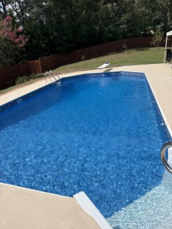 Custom pool upgrade in Byron GA featuring a Grecian liner, Cool Decking, and fiberglass steps