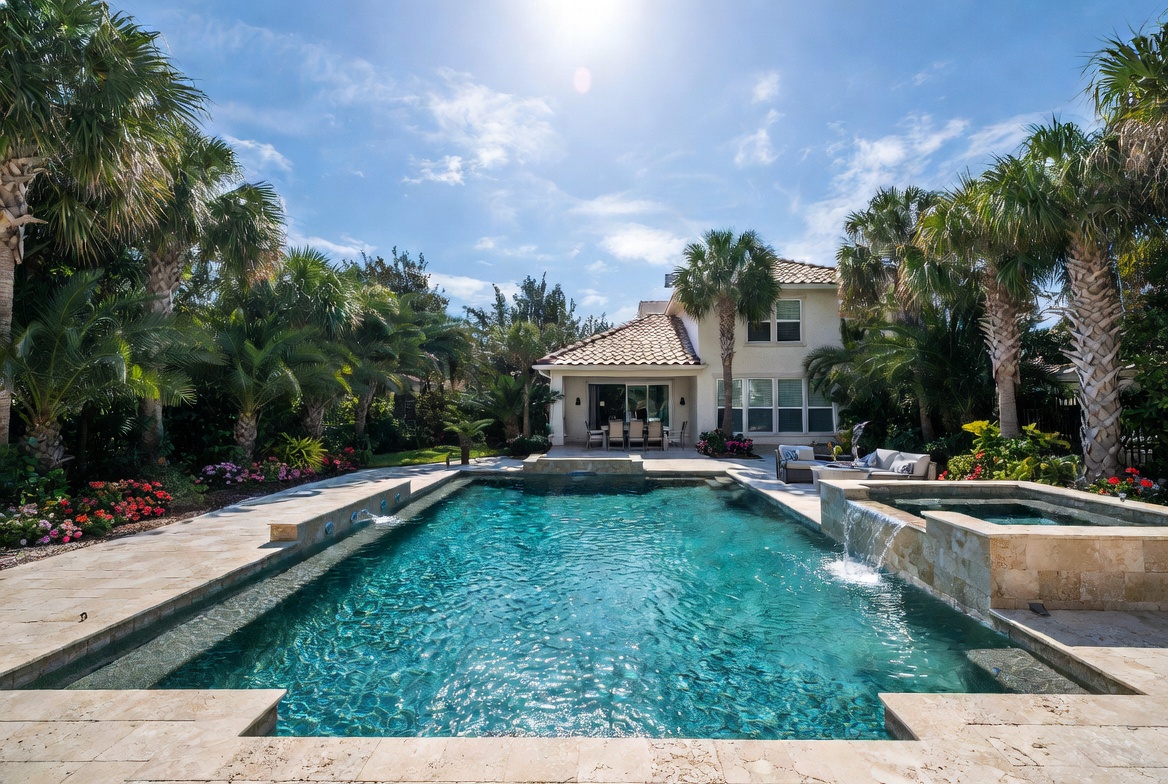 Classic rectangular gunite pool with attached raised spa, cascading waterfall, stone paver deck, and lush palm tree landscaping