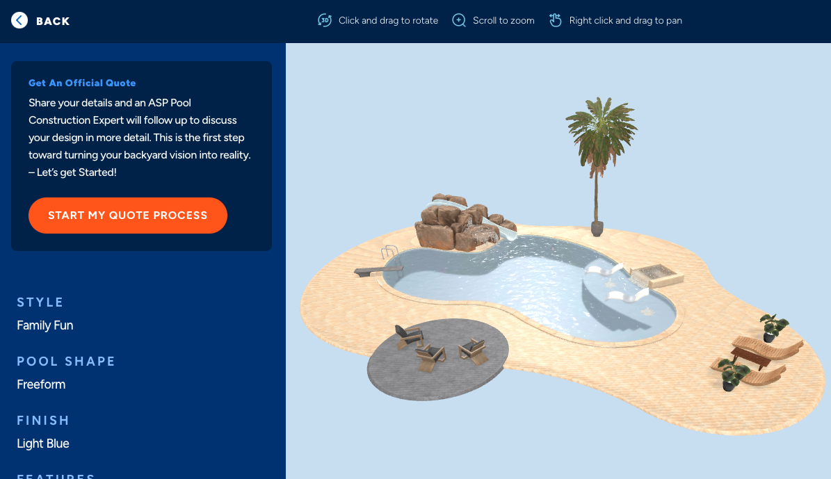 3D render of a Family Fun pool design with water features and landscaping