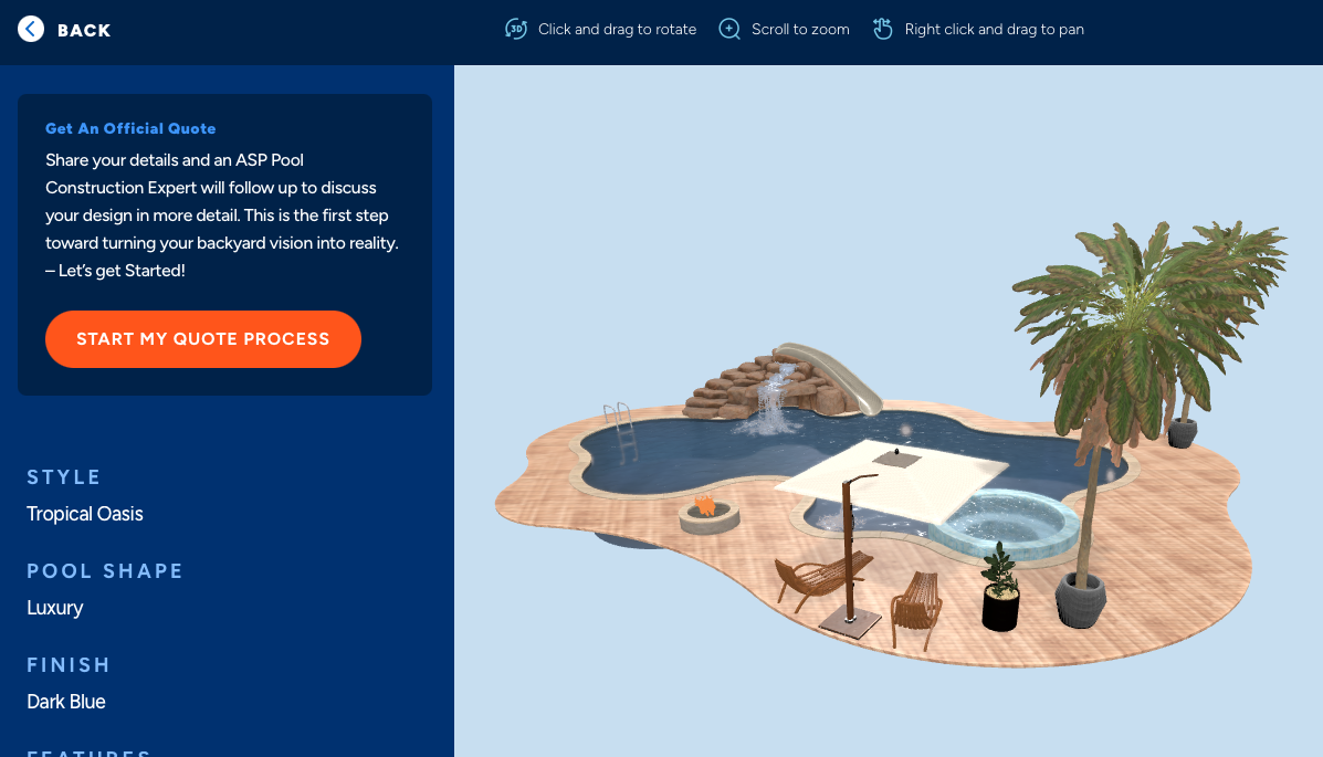 3D render of a Tropical Oasis pool with waterfall and natural stone