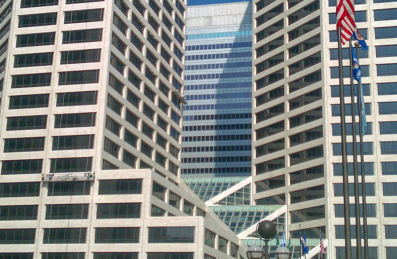 US Bank Plaza twin towers in Minneapolis — large-scale sealant and stone joint restoration on 20- and 40-story commercial high-rises