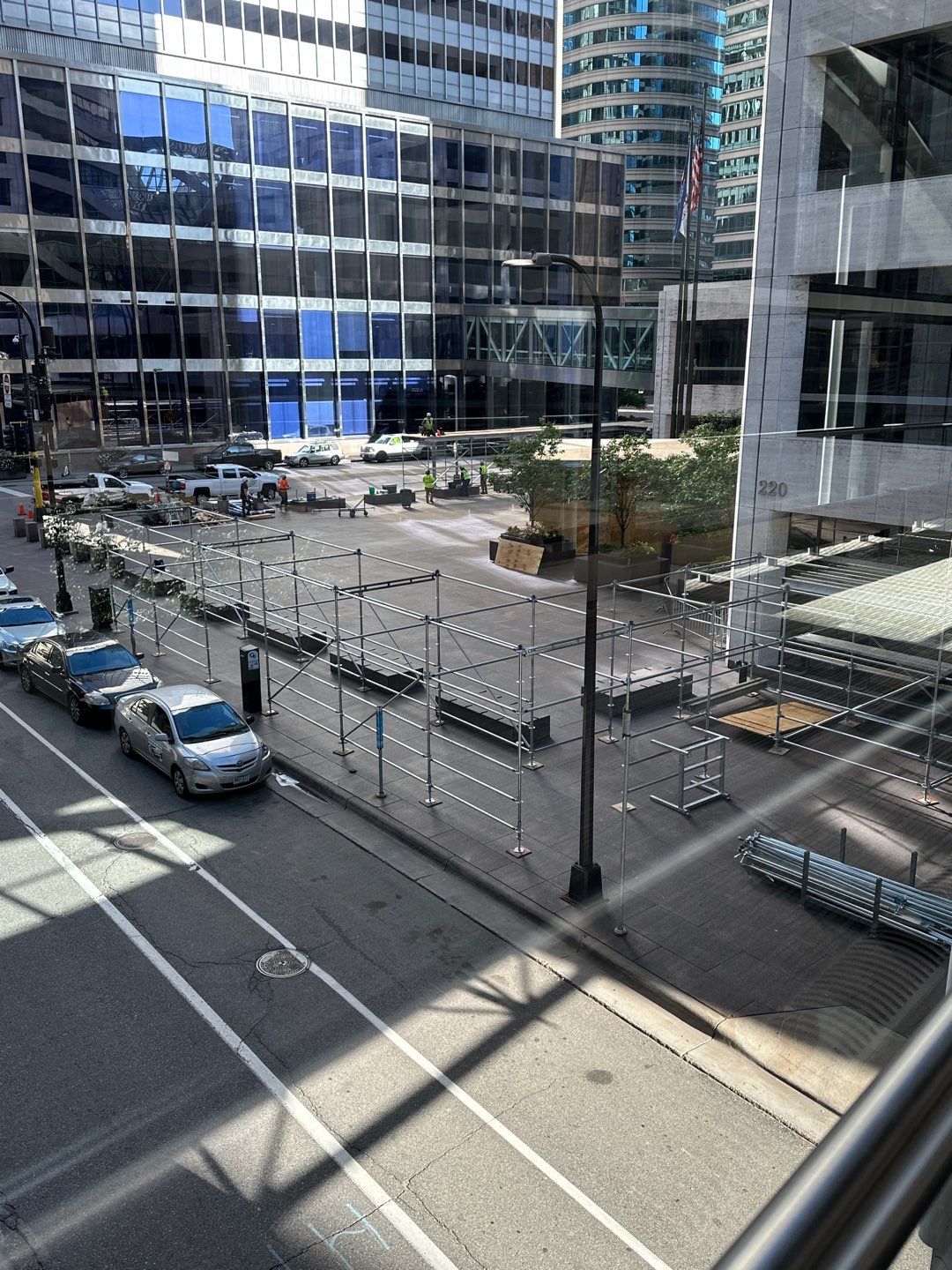 Scaffolding set up along the road outside the US Bank building during RSI's life safety concrete repair project