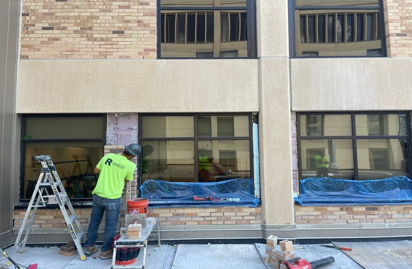 Sealant replacement as part of a comprehensive facade restoration at Mercy Heart Hospital in Coon Rapids, Minnesota