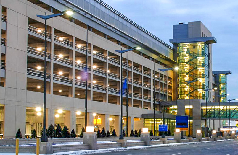 Panoramic view of the fully restored MSP Airport parking structure showing pristine deck surfaces after RSI rehabilitation