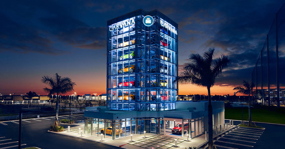 A Carvana Auto Vending Machine tower in Florida &mdash; a multi-story glass structure used to dispense purchased vehicles to buyers